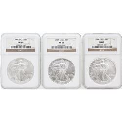 3 Coin Set 2004-2006 Silver Eagle Coins NGC MS69