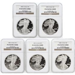 5 Coin Set 1986-1990 Silver Eagle Coins NGC PF69 Ultra Cameo