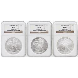 3 Coin Set 2008-2010 Silver Eagle Coins NGC MS69
