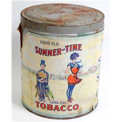ANTIQUE GOOD OLD SUMMER TIME LOG CUT TOBACCO ADVERTISING TIN