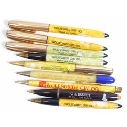 LOT OF 9 VINTAGE ADVERTISING MECHANICAL PENCILS & PENS