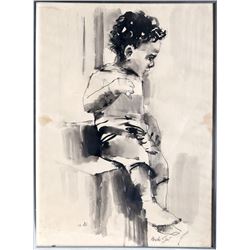 Moshe Gat, Sitting Child, Watercolor Painting