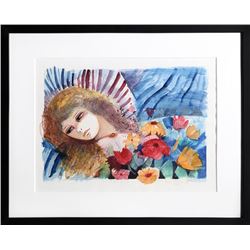 Charles Levier, Reclining Woman and Flowers, Watercolor Painting