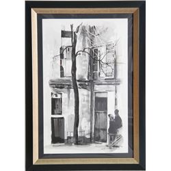 Sandu Liberman, Street Scene with Tree, Watercolor Painting