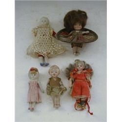 FIVE MINIATURE BISQUE HEAD DOLLS, clothed (5)  40-60...