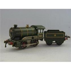 A HORNBY O GAUGE 0-4-0 LOCOMOTIVE, No.9319, and tender, matt green livery, clockwork action, with...