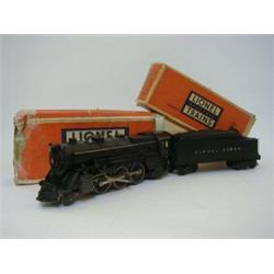 A BOXED LIONEL TRAINS 2-6-2 LOCOMOTIVE AND TENDER, No.675, O Gauge electric, matt black livery, t...