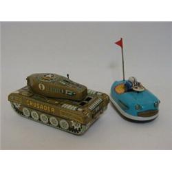 A TINPLATE CRUSADER TANK, lithograph features, battery operated, a bumper car, Jaguar, Tri-ang sn...