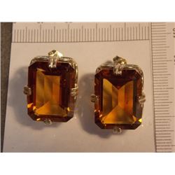 EARRINGS - TOTAL 35.81 CTW CITRINE EARRINGS - 2 FACETED EMERALD STEP-CUT CITRINES - INTENSE DEEP GOL
