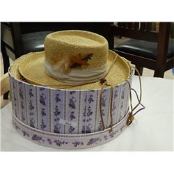 HAT BOX AND 4 ASSORTED STRAW HATS