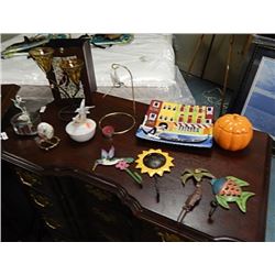 ORNAMENTS - 12 PC  -AND JARS OF COLORED GLASS