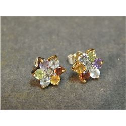 EARRINGS - MULTI GEMSTONE & DIAMOND EARINGS - FLOWER DESIGN SET IN 925 STERLING SILVER AND GOLD CLAD