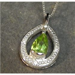NECKLACE - .70CT PEAR CUT PERIDOT WITH 3 DIAMONDS - IN STERLING SILVER SETTING - INCLUDES CERTIFICAT