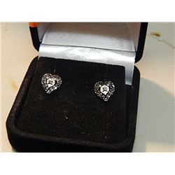 EARRINGS - NEW BLACK DIAMOND  EARRINGS - HEART-SHAPE CLUSTER DESIGN - STERLING SILVER SETTING - POST