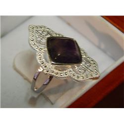 RING - AMETHYST CABOCHON IN 925 STERLING SILVER SETTING - UNIQUE CUSTOM MADE FILIGREE DESIGN - RETAI