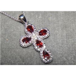 NECKLACE - 1.25 CTW GARNET & DIAMOND CROSS NECKLACE SET - STERLING SILVER SETTING - INCLUDES $310 CE