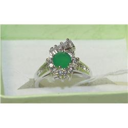 .925 SILVER NATURAL EMERALD & CZ RING SIZE 5