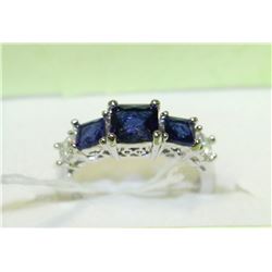 .925 SILVER NATURAL SAPPHIRE & CZ RING - SIZE 6.5