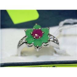 .925 SILVER NATURAL EMERALD & RUBY RING - SIZE 7.5