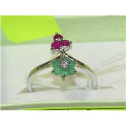 .925 SILVER NATURAL EMERALD & RUBY RING - SIZE 9