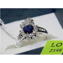.925 SILVER NATURAL SAPPHIRE & CZ RING - SIZE 6