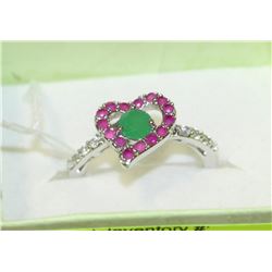 .925 SILVER NATURAL EMERALD & RUBY RING - SIZE 9