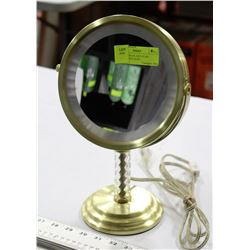 VINTAGE BRASS AND GLASS MIRROR WITH LIGHT