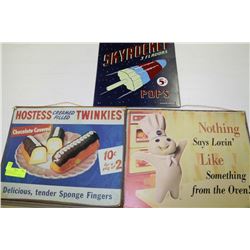 3 VINTAGE METAL SIGNS:HOSTESS,PILSBURY,SKY ROCKET