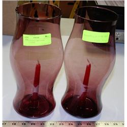 2 LARGE PURPLE HURRICANE SHADE GLASS CANDLE VASES