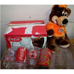 FLAT OF COCA COLA GLASS COLLECTION WITH A&W BEAR