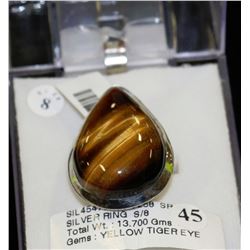 STERLING SILVER YELLOW TIGER EYE RING - 13.7 GRAMS