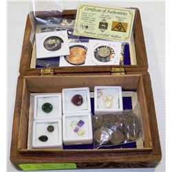 WOODEN BOX WITH ONE GRAIN 24K GOLD,1912 DIME,GEMS