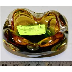 AMBER & GREEN ART GLASS ASHTRAY