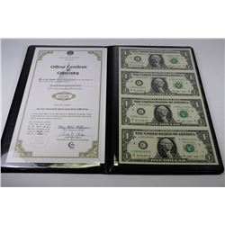 UNCUT SHEET OF FOUR U.S. ONE DOLLAR BANKNOTES