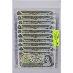 1973 $1 CANADIAN UNC CONSECUTIVE X10