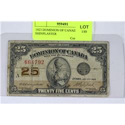 1923 DOMINION OF CANADA 25 CENT SHINPLASTER