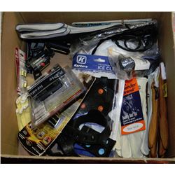 BOX W/NEW GLOVES, HEAD LIGHTS, ICE CLEATS,