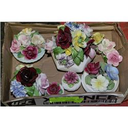BOX OF ENGLISH BONE CHINA FLOWER ORNAMENTS