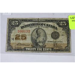 1923 DOMINION OF CANADA  25 CENT SHINPLASTER NOTE