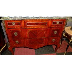 EGYPTIAN CARVED MARBLE TOP 3 DRAWER SIDEBOARD