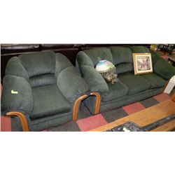 GREEN FABRIC SOFA & LOVE SEAT WITH SOLID OAK TRIM