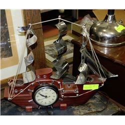WOODEN AND METAL SHIP WITH CLOCK AND LIGHTS