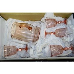 BOX OF PINK DEPRESSION GLASS INCLUDES WATER JUG,