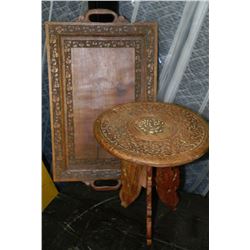 WOOD CARVED TRAY WITH END TABLE