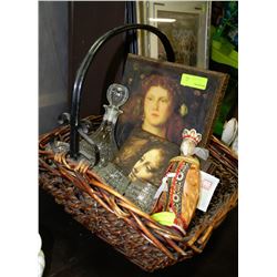 WICKER BASKET WITH DECANTER SET PICTURES ETC.
