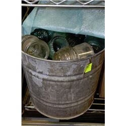 VINTAGE TIN BUCKET WITH INSULATORS