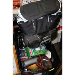 TOTE WITH ENAMEL CAMPING SUPPLIES,COLEMAN LANTERN,