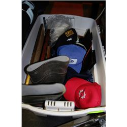 TOTE WITH NEW CAPS,T-SHIRTS, SIZE 10 STEEL TOED