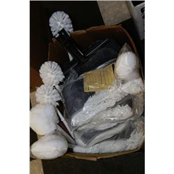BOX OF JANITORAL SUPPLIES INCLUDING MOPHEADS, DUST