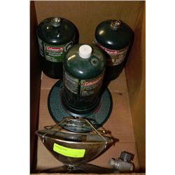 BOX WITH PROPANE HEATER AND THREE BOTTLES OF